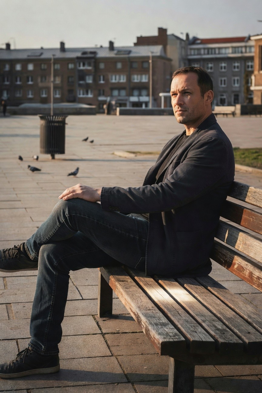 Man sitting on a wooden bench wearing slim dark jeans, black unstructured blazer over a dark shirt, and black sneakers, captured in a candid street style pose