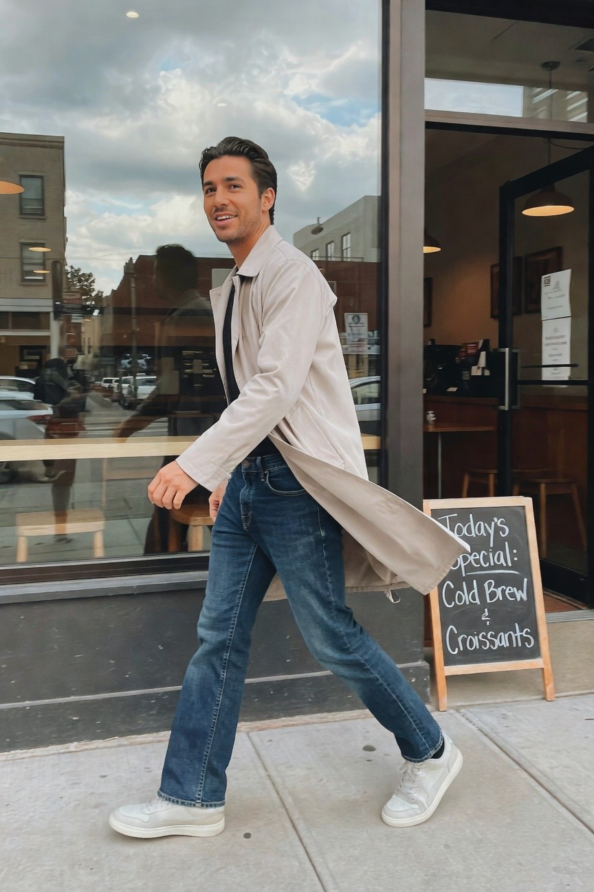 Man in dark blue jeans, beige trench coat over black shirt and tie, white sneakers, walking past coffee shop window with specials sign