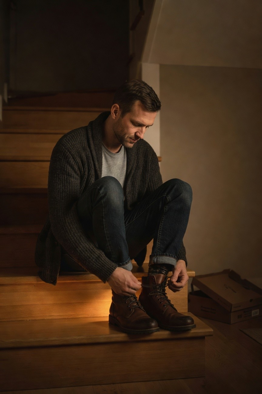 Man sitting on wooden stairs lacing up brown leather boots while wearing cuffed dark blue jeans, gray V-neck t-shirt, and open-front gray knit cardigan, with boot box nearby
