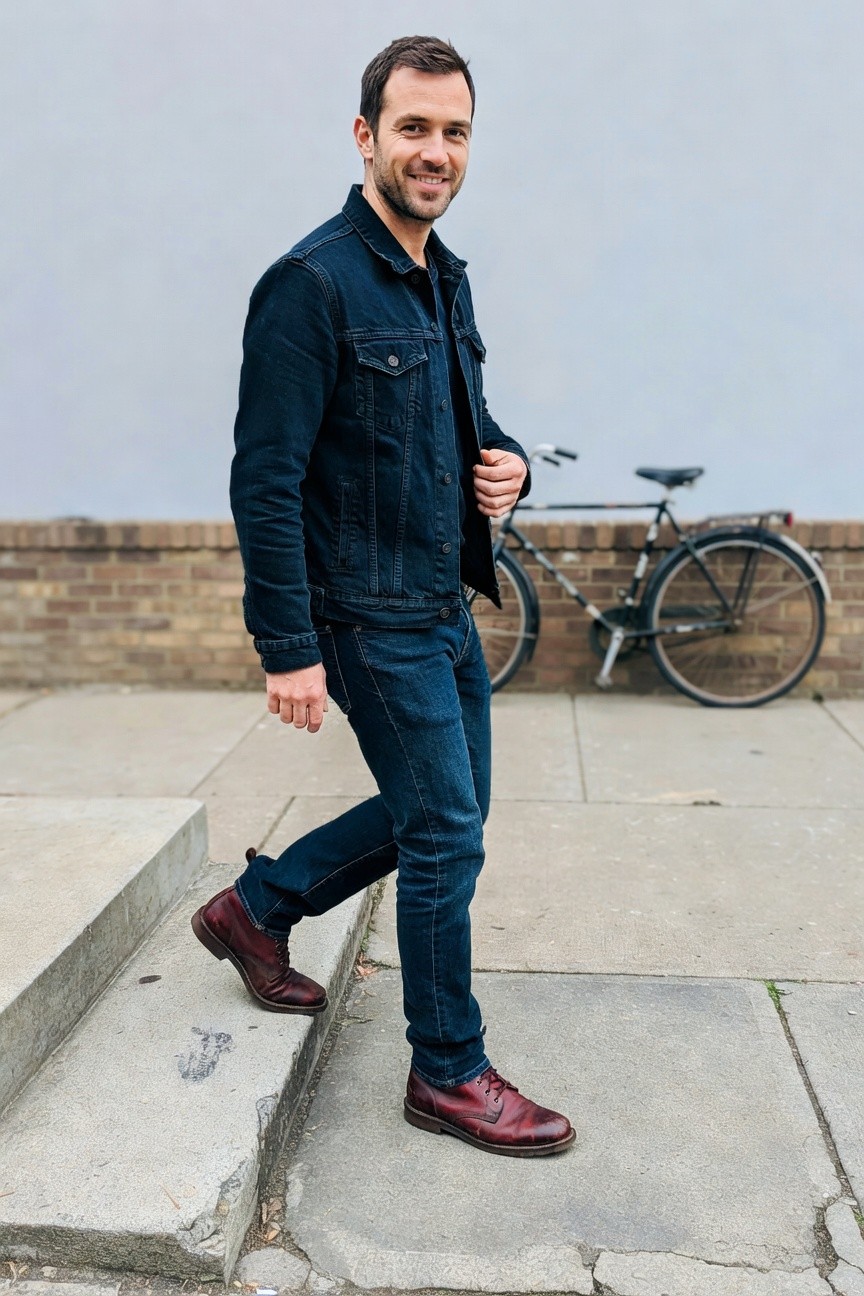 Man in slim dark blue jeans, dark denim jacket over black shirt, and reddish-burgundy laced leather boots, captured mid-stride on stone steps