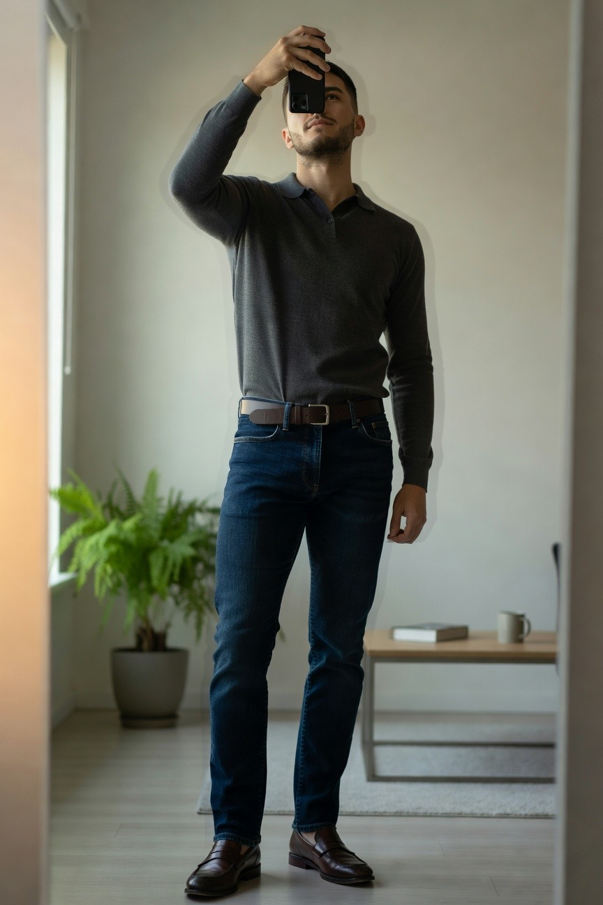 Man in mirror selfie wearing long-sleeve gray knit polo shirt, dark blue slim jeans, brown leather belt, and brown loafers, standing confidently in modern indoor space with plant and side table nearby