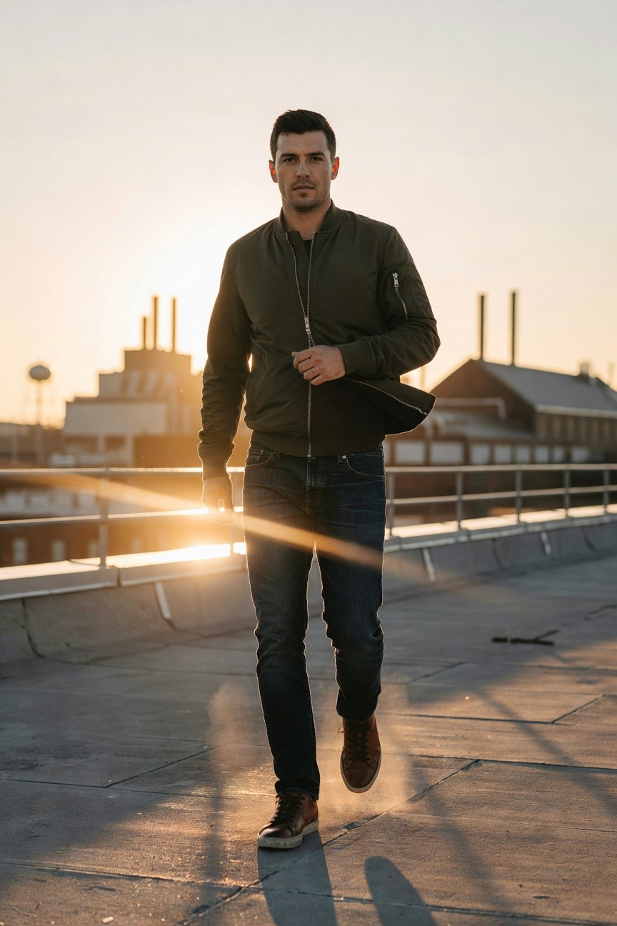 Man walking on rooftop in olive green zip-up bomber jacket, dark slim jeans, and brown leather boots, captured mid-stride with jacket held open