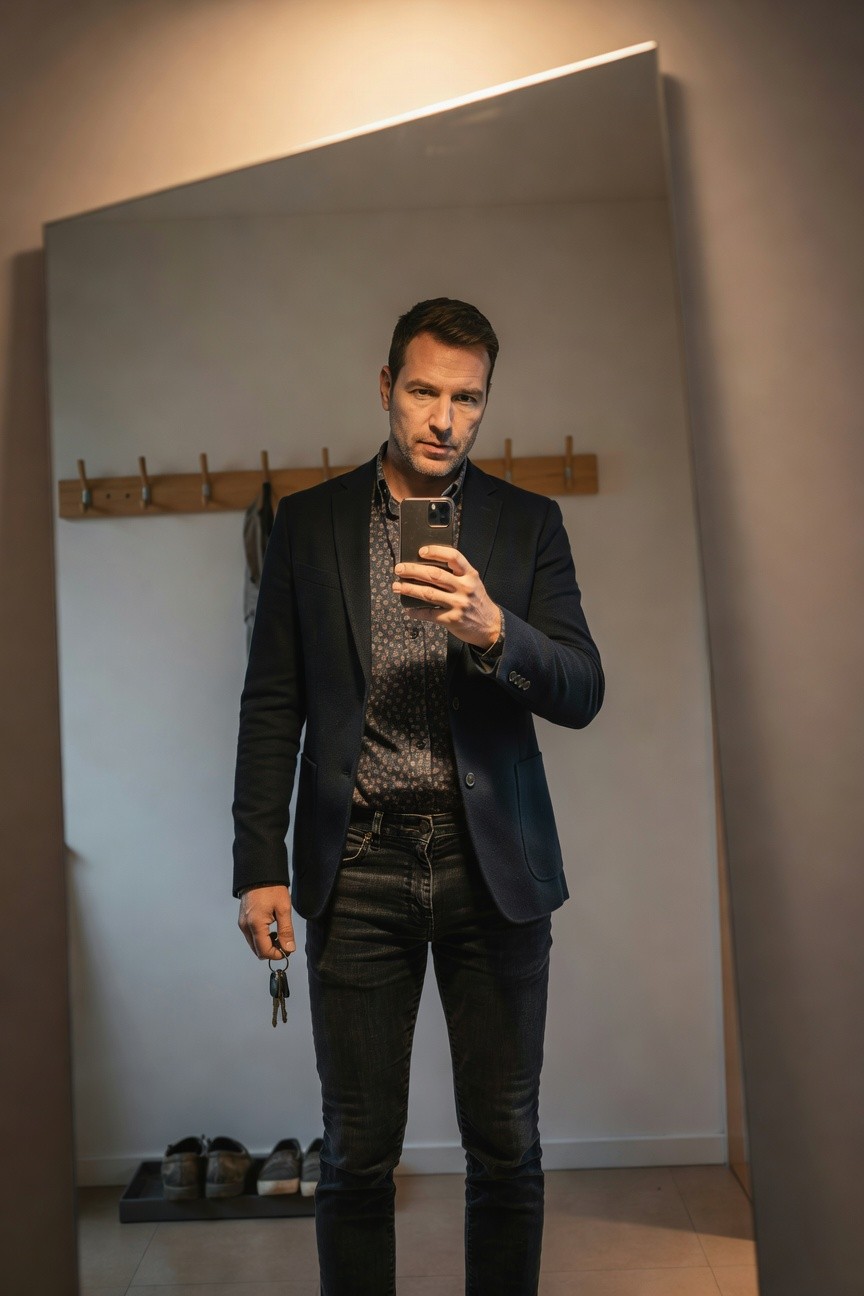 Man taking mirror selfie in navy textured blazer over dark floral shirt and slim dark jeans, holding phone in one hand and keys in the other, hallway with coat rack and shoes in background