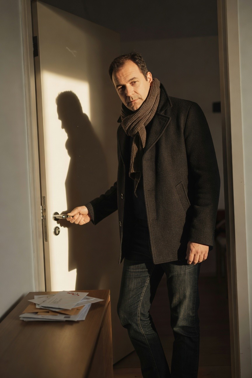 Man wearing slim dark jeans, charcoal wool overcoat, brown scarf, and black knit top, standing by an open door with hand on the knob