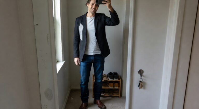 Man in a textured charcoal gray blazer over white t-shirt, slim dark blue jeans, and gray chelsea boots, standing in a closet mirror selfie smiling confidently