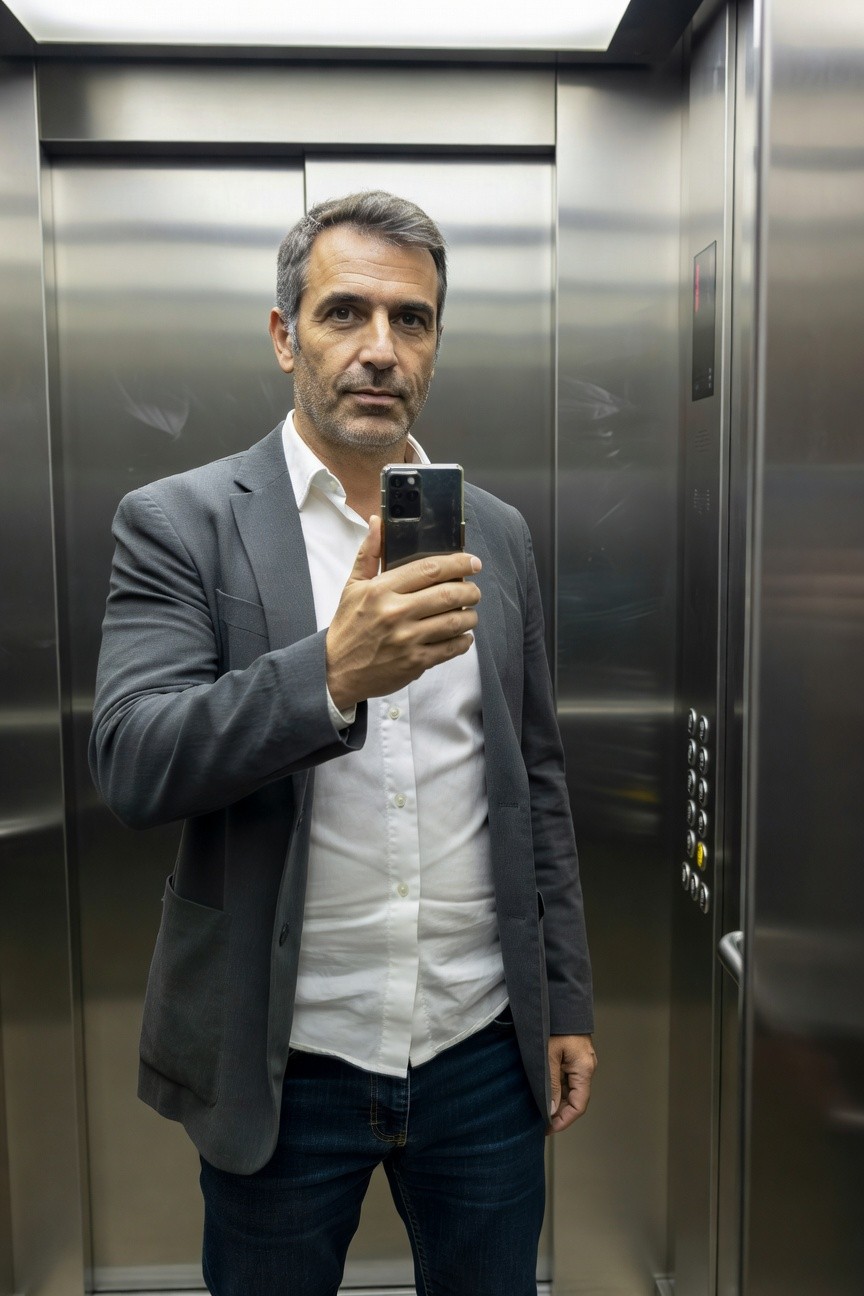 Man in gray blazer, white open-collar shirt, and dark slim jeans taking a selfie in a steel elevator, casual business vibe