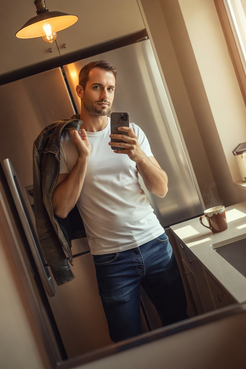 Man in white short-sleeve t-shirt and dark slim-fit jeans, brown leather jacket draped over one shoulder, taking a mirror selfie next to stainless steel fridge in modern kitchen