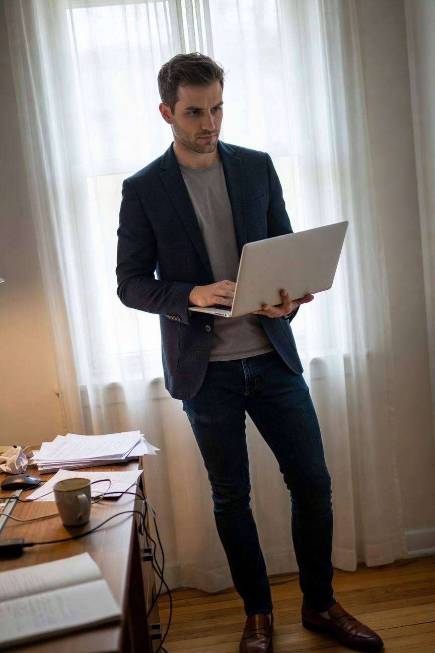 Handsome man in navy blazer over gray t-shirt, slim dark jeans, and brown loafers, standing casually while holding a laptop near a wooden desk with papers and a mug
