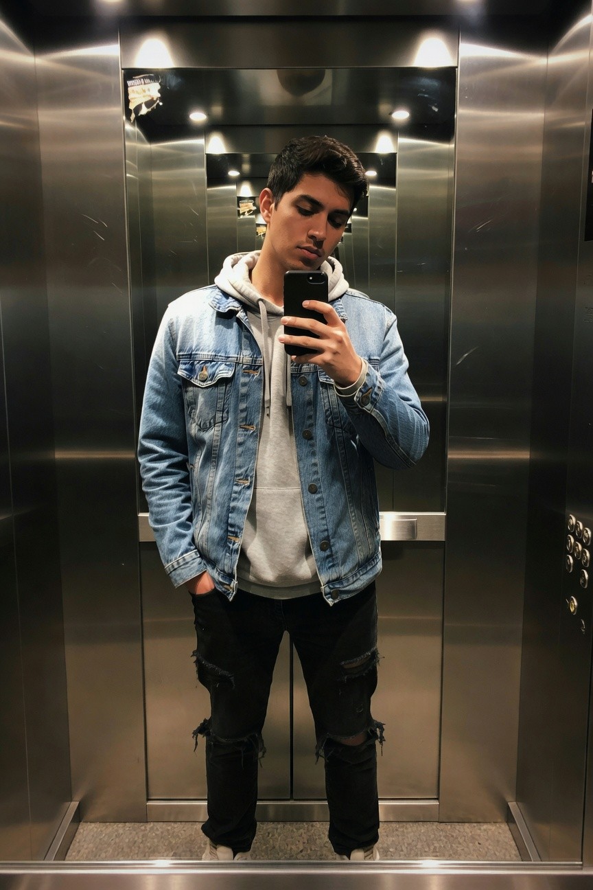 Young man taking mirror selfie in elevator wearing open light blue denim jacket over gray hoodie, black ripped jeans with knee and thigh distressing, white sneakers, bracelet and watch on wrist, phone in hand