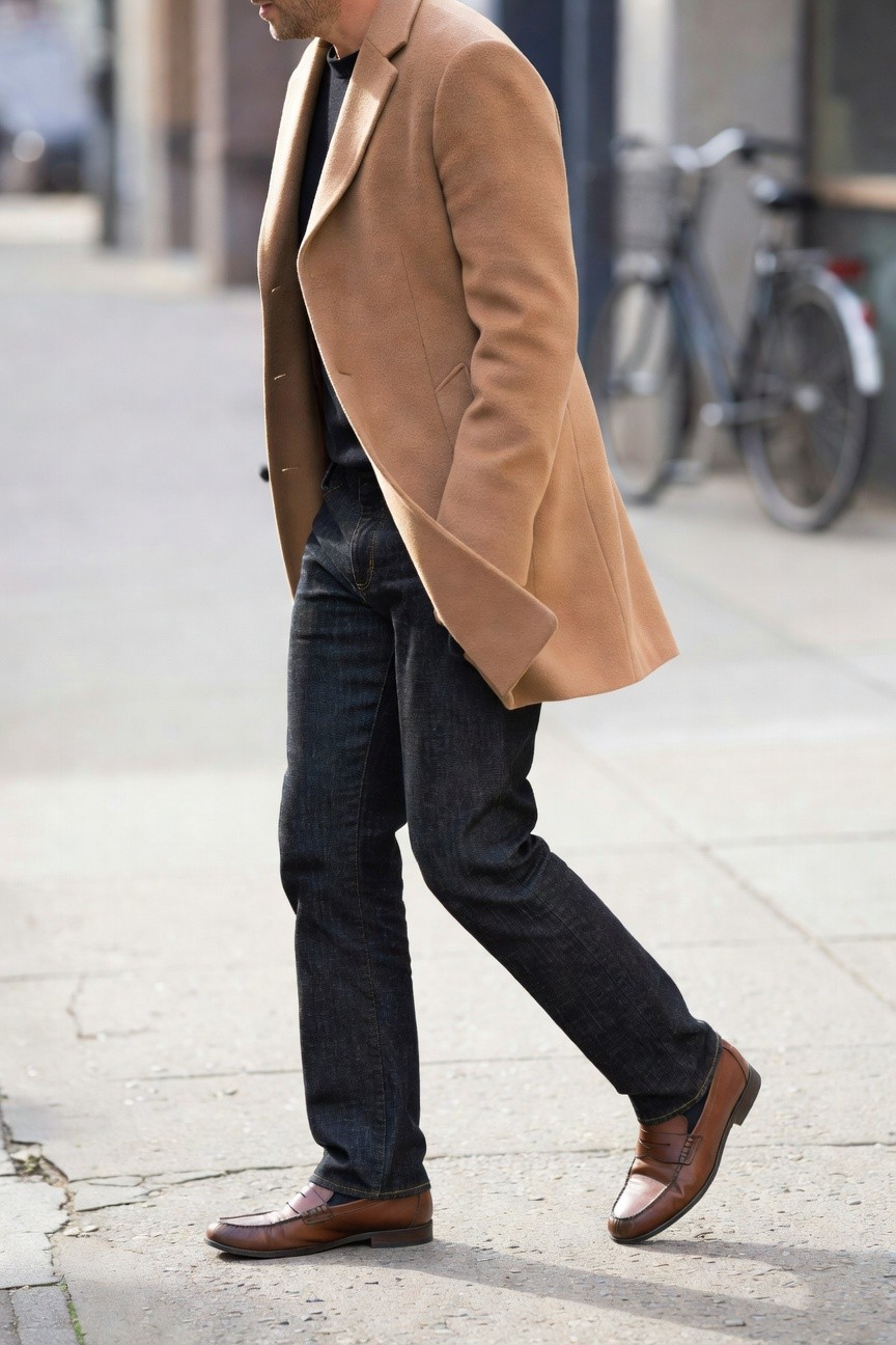 Side view of a man in a camel wool overcoat over black t-shirt, dark wash slim jeans, and brown leather loafers, walking on pavement