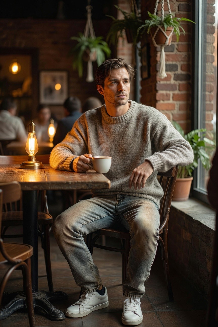 Man sitting at wooden table in cozy cafe wearing pale gray crewneck knit sweater, faded light blue relaxed jeans, white sneakers, holding white coffee mug with bracelet on wrist