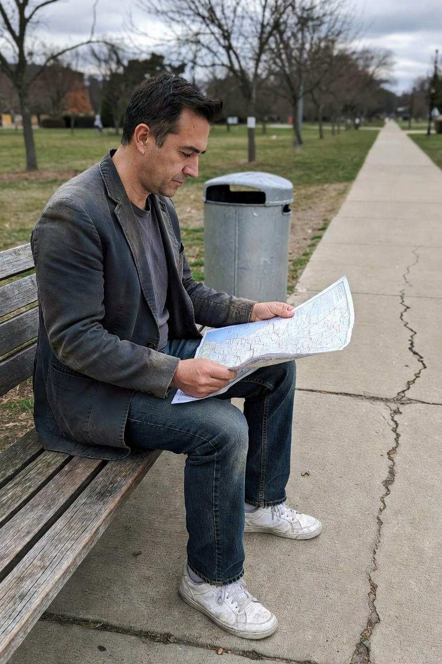 Man in dark worn denim jacket, gray t-shirt, blue straight-leg jeans, and white sneakers sitting on bench holding map