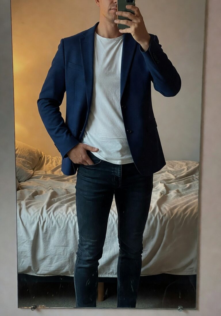 19 Modern Jeans Outfit Ideas for Men That Instantly Elevate Your Style Mirror selfie of a man in a navy blue slim-fit blazer over a white crewneck t-shirt and dark slim jeans with whiskering, hand in pocket, holding phone, standing in a bedroom.