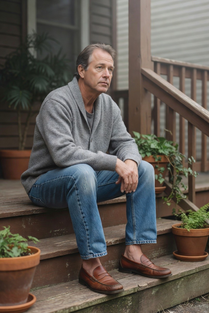 Man in his 50s sitting on wooden steps wearing an open gray knit cardigan over a white tee, faded blue jeans, and brown penny loafers, hands clasped casually in lap