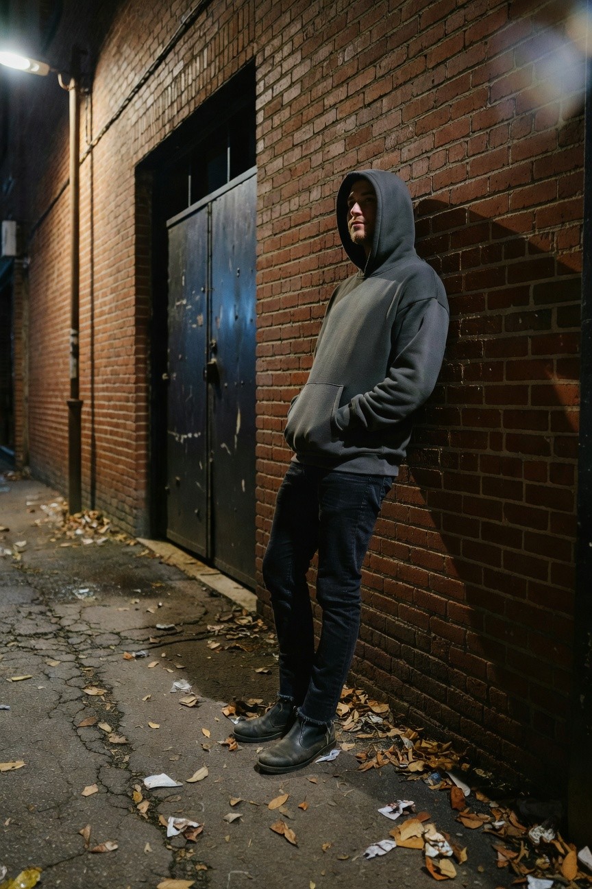 A man in a gray hoodie with hood up, slim dark jeans, and black ankle boots, leaning against a brick wall in a narrow alley at night.