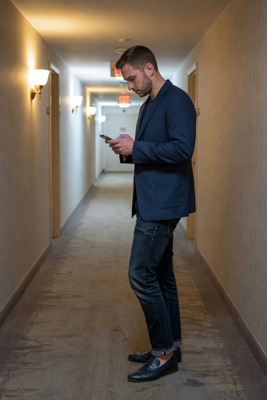 Side view of a man in a navy blue blazer, dark slim jeans cuffed at the ankles, black tassel loafers, and a light shirt, standing in a hotel hallway while checking his phone