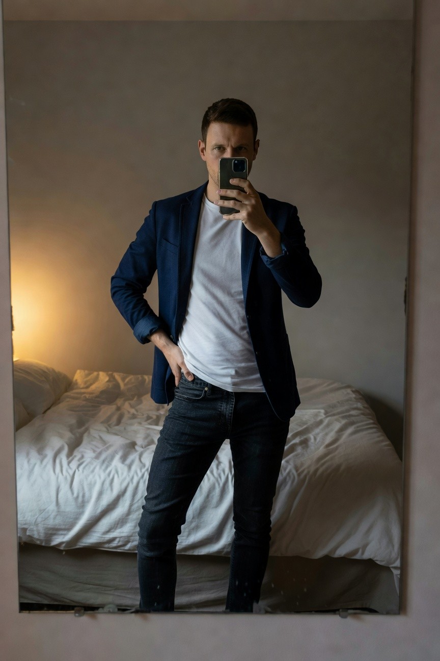 Mirror selfie of a man in a navy blue slim-fit blazer over a white crewneck t-shirt and dark slim jeans with whiskering, hand in pocket, holding phone, standing in a bedroom.