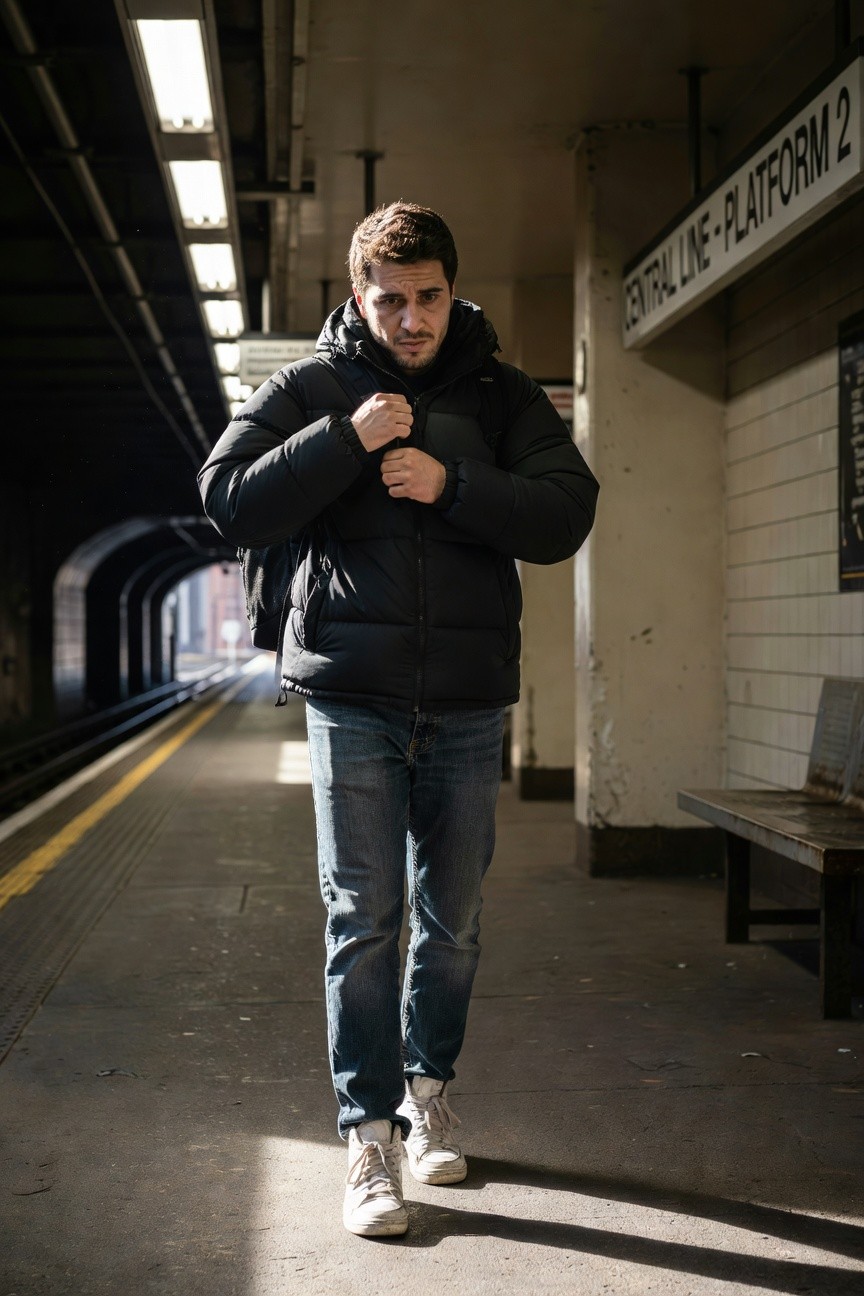 Man in black puffer jacket, slim blue jeans, white sneakers, and black backpack standing on subway platform, hands zipped into jacket.