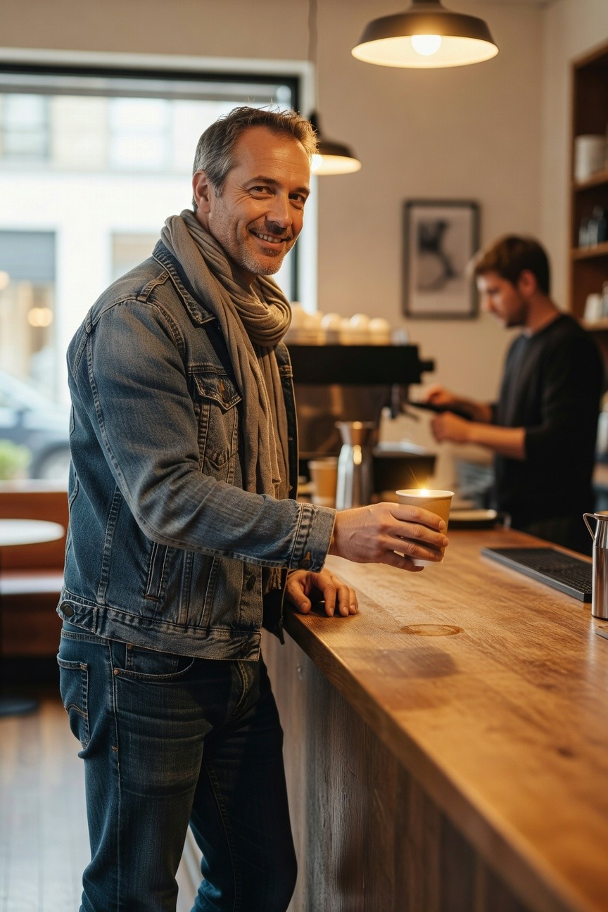 Man in open medium-wash denim jacket, gray scarf, and dark slim jeans leaning on a wooden bar counter while holding a paper coffee cup, smiling casually in a cafe setting