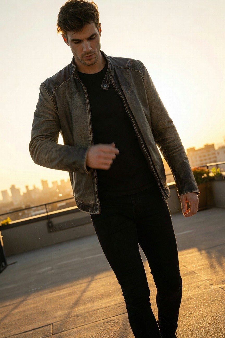 Man in distressed gray leather jacket over black t-shirt and slim black jeans, walking on rooftop with hand in pocket, city skyline in background