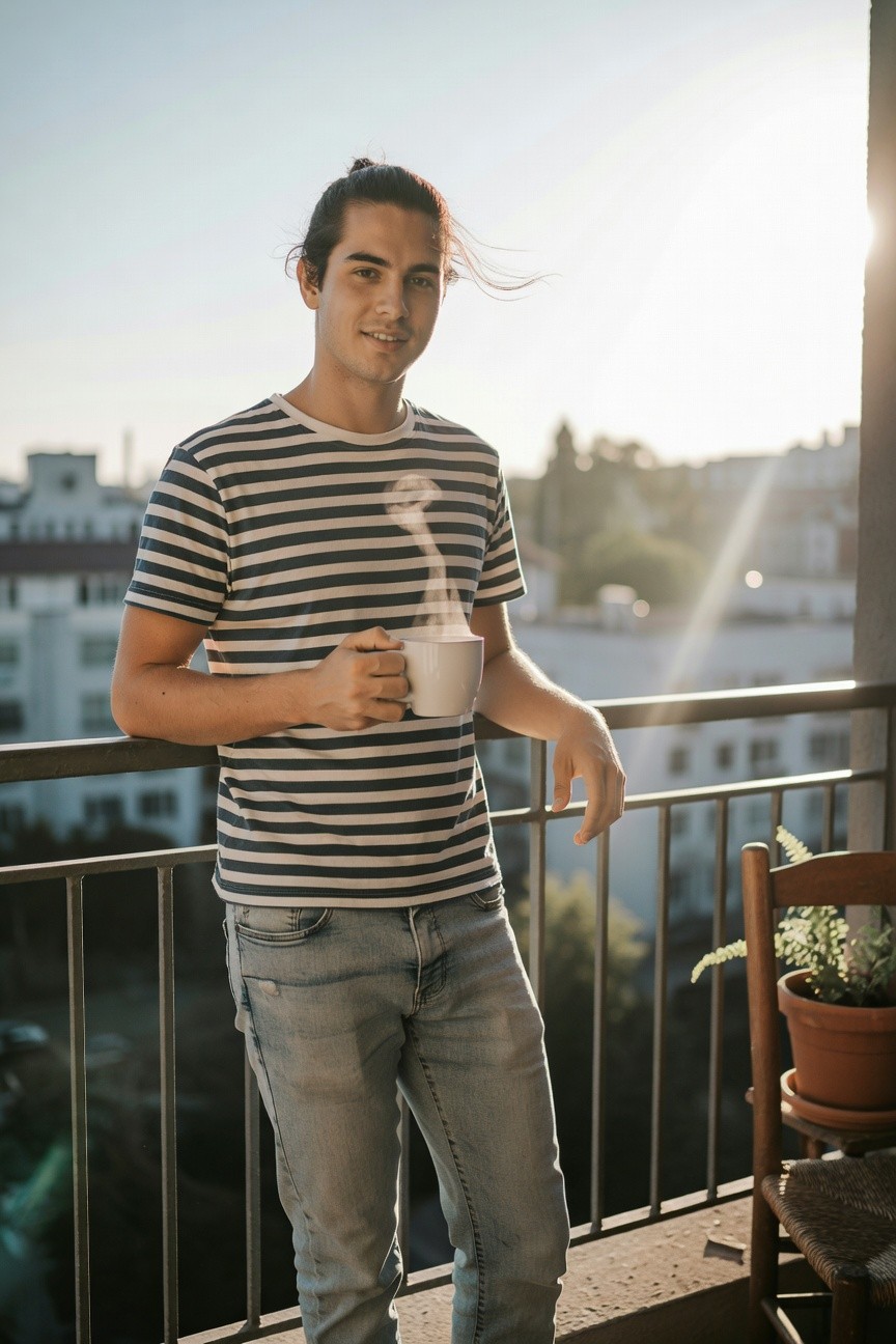 Young man with man bun wearing a navy and white striped short-sleeve t-shirt and light wash distressed slim jeans, standing on a balcony holding a steaming white mug, cityscape in background at sunset