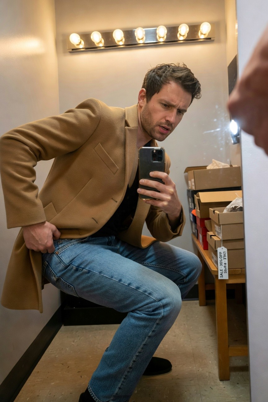 Man squatting in a dressing room mirror selfie wearing open tan wool overcoat over black t-shirt tucked into straight-leg blue jeans and black shoes surrounded by shoeboxes