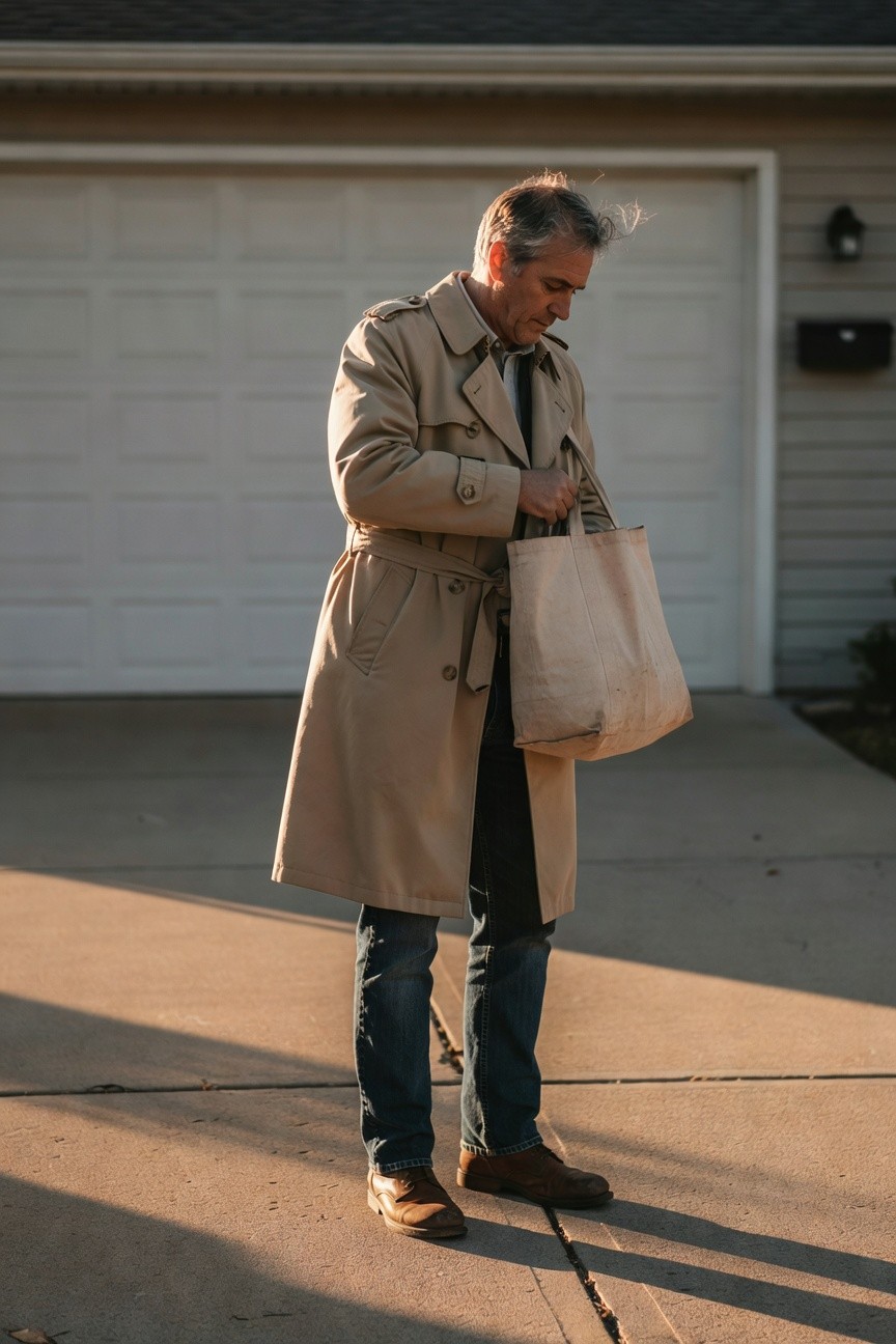 Middle-aged man standing on a concrete driveway wearing a long tan trench coat over dark jeans, brown leather boots, holding a beige canvas tote bag, graying hair, subtle tie visible at collar