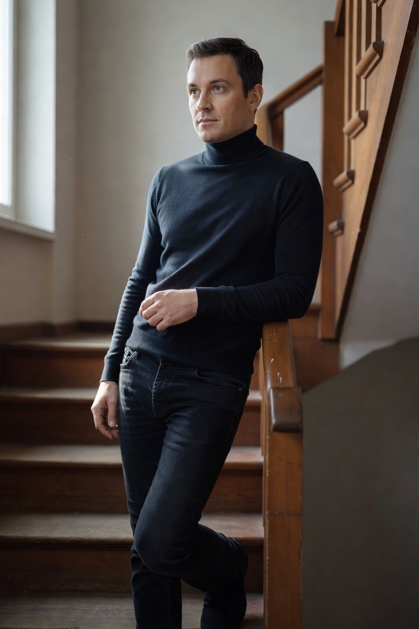 Man in fitted black turtleneck sweater and slim black jeans leaning casually against wooden staircase railing indoors, side profile view