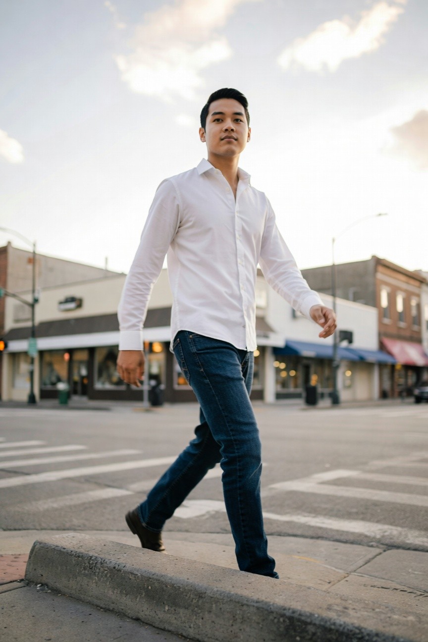 Man in white long-sleeve button-up shirt tucked into slim dark blue jeans and brown leather shoes, walking across a crosswalk in an urban street setting