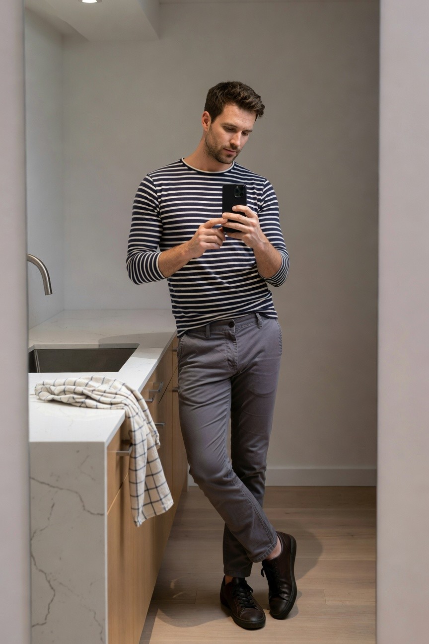 Man in navy and white Breton striped long-sleeve shirt, slim grey pants, brown leather sneakers, leaning against modern kitchen counter while checking smartphone
