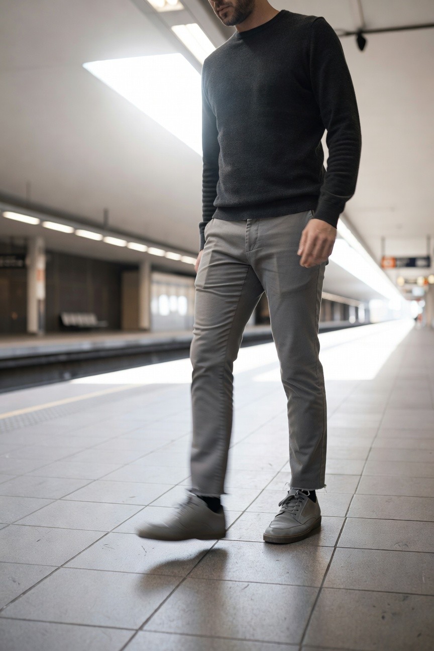 Side profile of a man in a dark charcoal crewneck knit sweater, light grey slim-fit pants cropped at the ankles, pale grey suede loafers, and black socks, standing on a tiled train platform