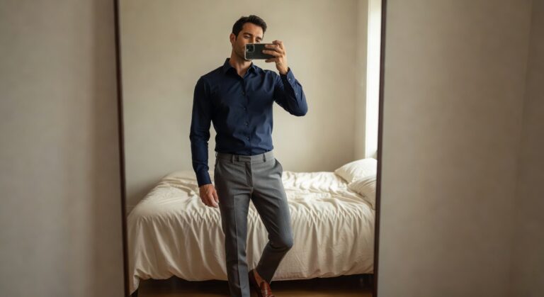 [Handsome man in a dark navy blue long-sleeve button-up shirt, light grey slim-fit dress pants, and brown leather penny loafers, sitting on a white bed while taking a mirror selfie with his phone