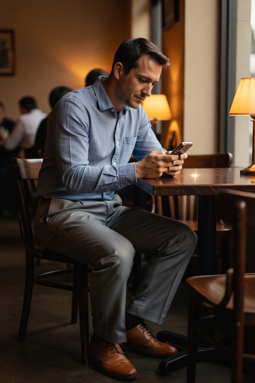 Man in light blue chambray button-up shirt, slim grey trousers, brown leather brogue shoes, and black socks, seated at wooden cafe table holding smartphone, professional casual work attire