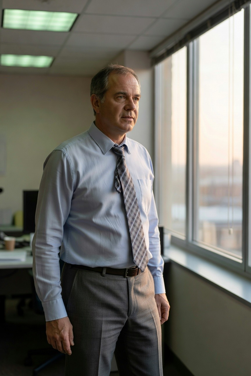 Side profile of a man in a light blue dress shirt, grey patterned tie, and grey wool trousers standing in an office near a window