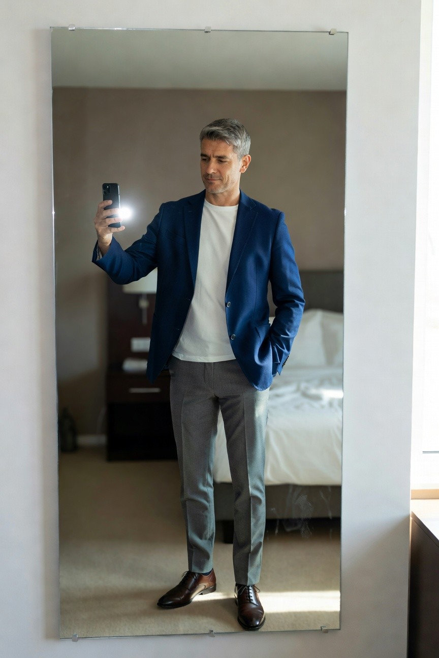Man taking mirror selfie in hotel room wearing navy blue blazer over white t-shirt tucked into slim grey trousers and brown leather oxfords, one hand holding phone other in pocket