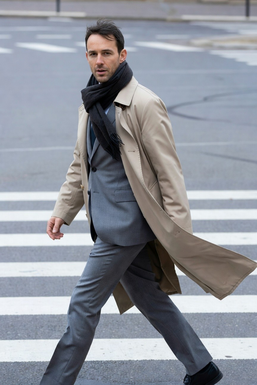 Man crossing crosswalk in tailored grey suit pants and jacket layered under open beige trench coat with black scarf and black shoes
