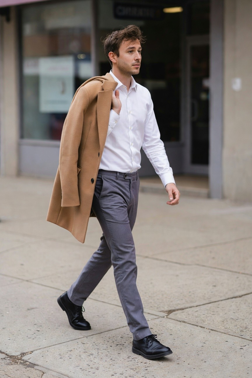 Man walking in slim grey trousers, white button-up shirt, camel overcoat draped over one shoulder, and black leather dress shoes on urban sidewalk