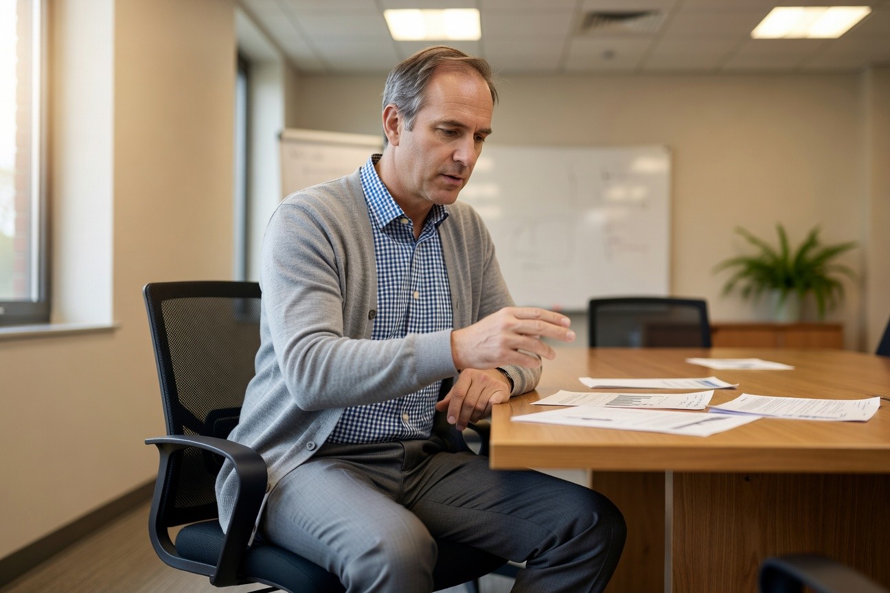 Man in grey trousers, blue plaid button-up shirt, and open grey cardigan seated at office desk reviewing papers, professional business casual attire