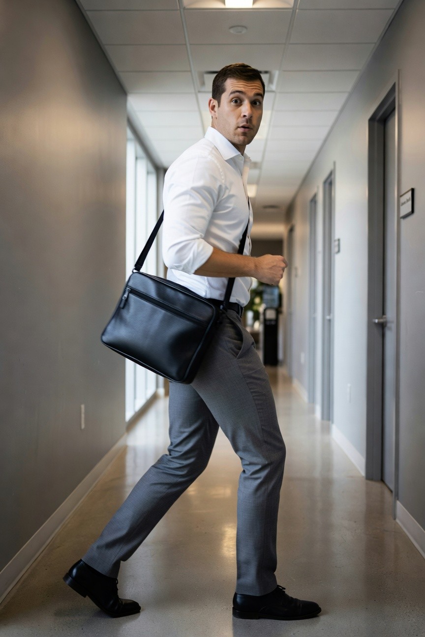 Man in white button-up shirt with rolled sleeves, slim grey trousers, black leather messenger bag, and black oxfords walking dynamically in a modern office hallway, glancing back with wide eyes