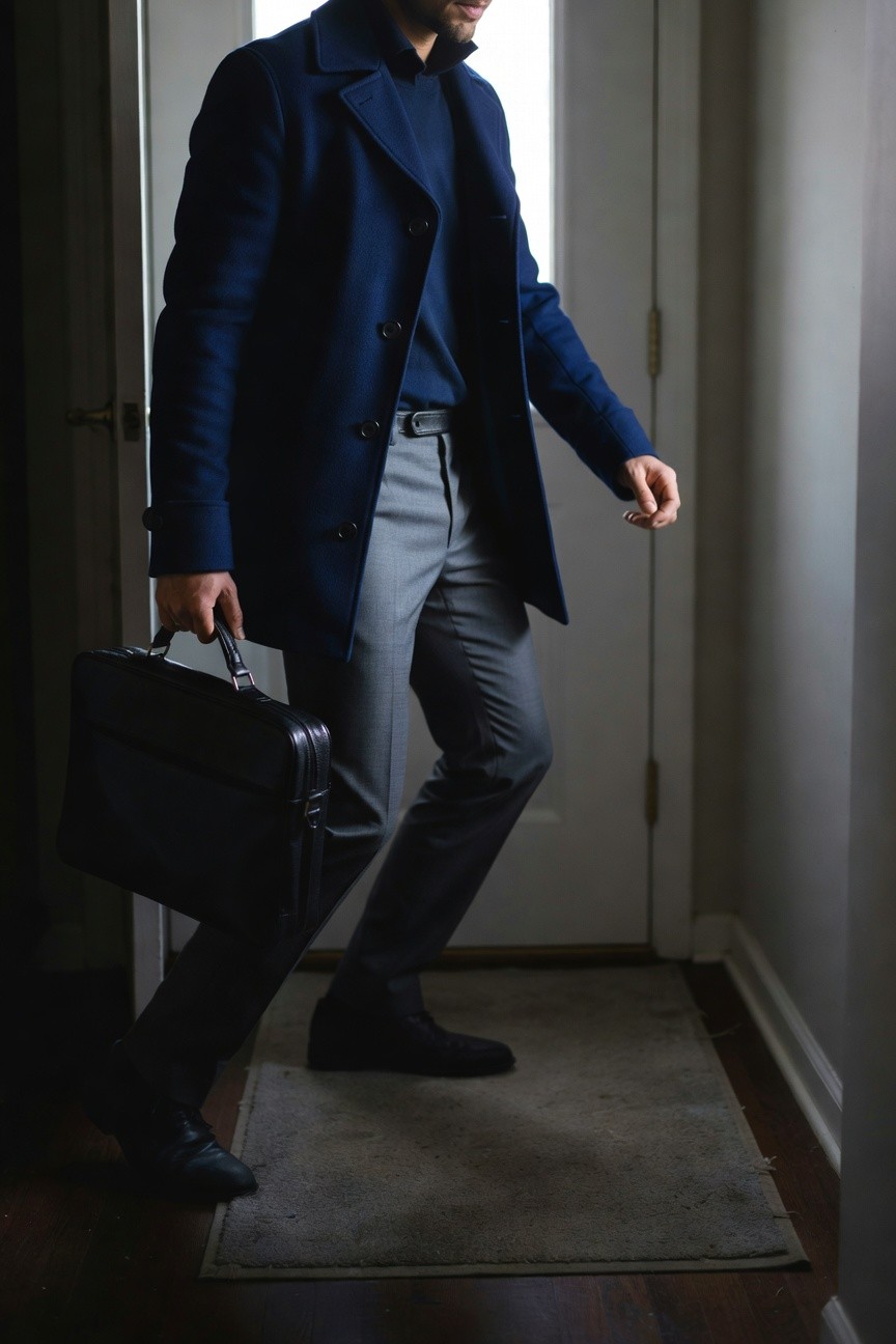 Side profile of a man in a navy wool overcoat over a dark shirt, slim grey trousers, black belt, black oxfords, and black briefcase, stepping through an open interior door onto a doormat