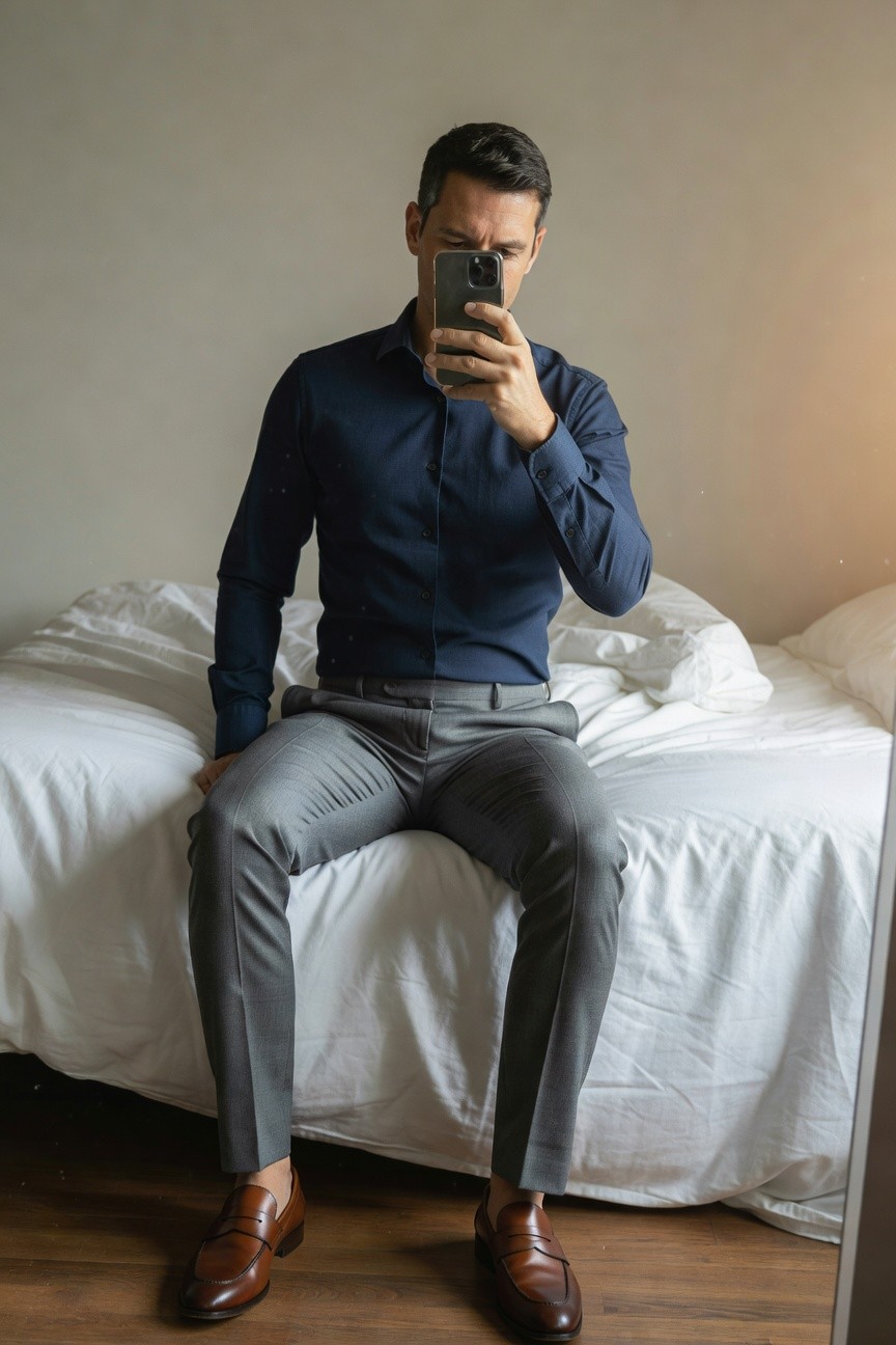 Handsome man in a dark navy blue long-sleeve button-up shirt, light grey slim-fit dress pants, and brown leather penny loafers, sitting on a white bed while taking a mirror selfie with his phone