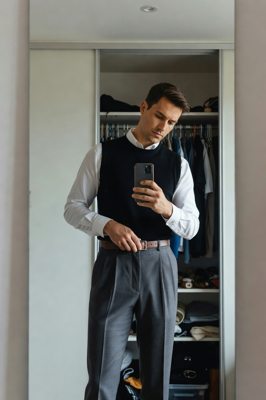 Man taking a mirror selfie in a closet, wearing a white dress shirt, black knit sweater vest, pleated grey trousers, and brown belt, with clothes hanging in the open wardrobe behind him