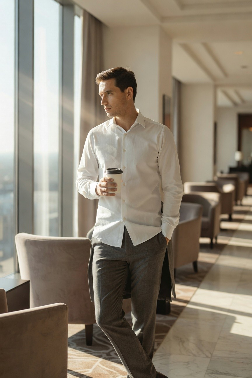 Man in white long-sleeve button-down shirt and slim grey trousers, one hand in pocket, standing casually with coffee cup in hotel lounge