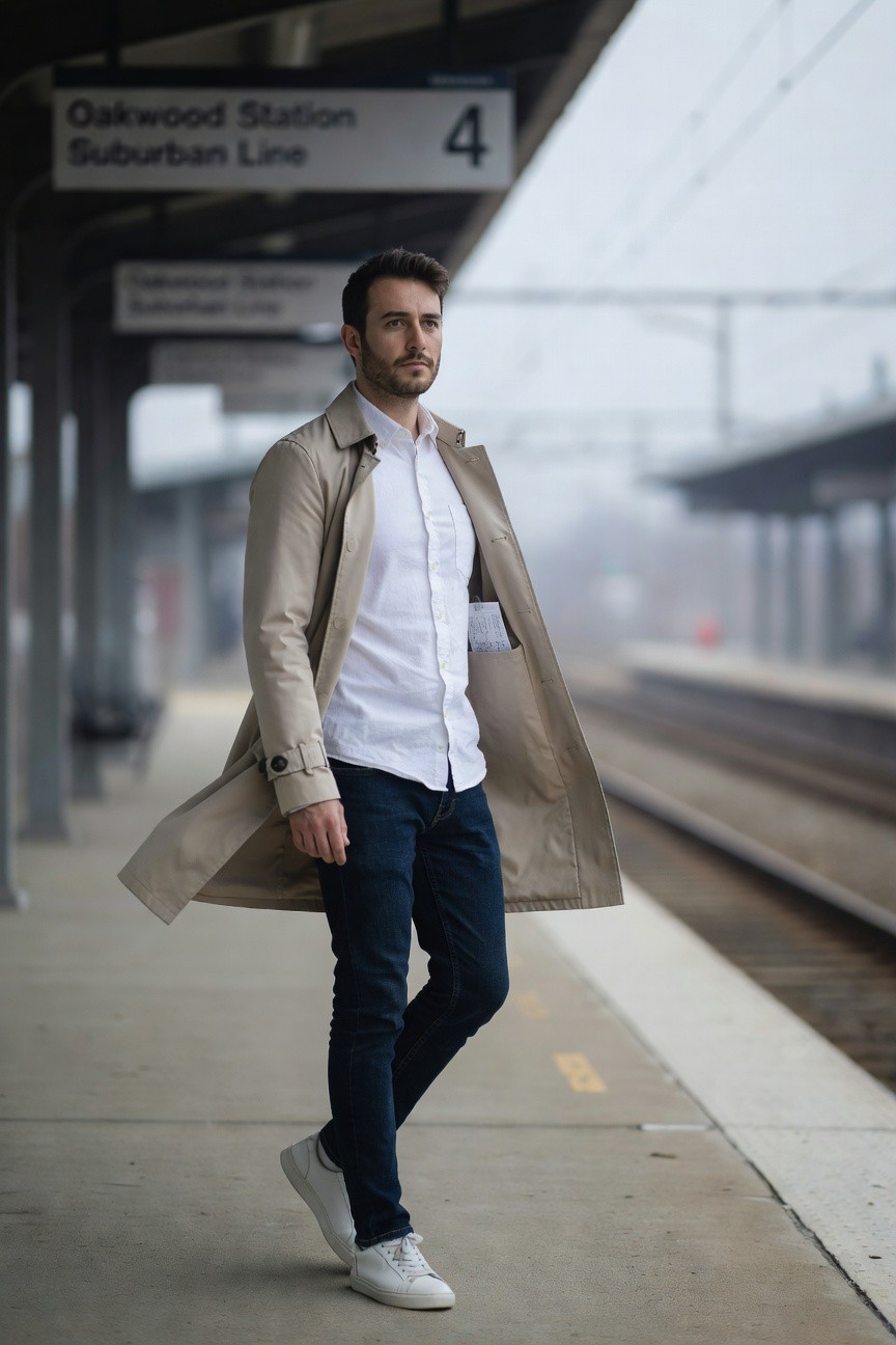 Man walking on train platform in open beige trench coat over white shirt, dark slim jeans, and white sneakers, with train ticket clipped to coat pocket