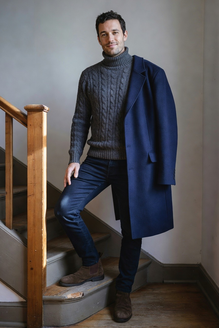 Man leaning on wooden staircase in grey cable-knit turtleneck sweater, navy wool overcoat draped over shoulders, slim dark blue jeans, and brown suede Chelsea boots, indoor setting with neutral walls