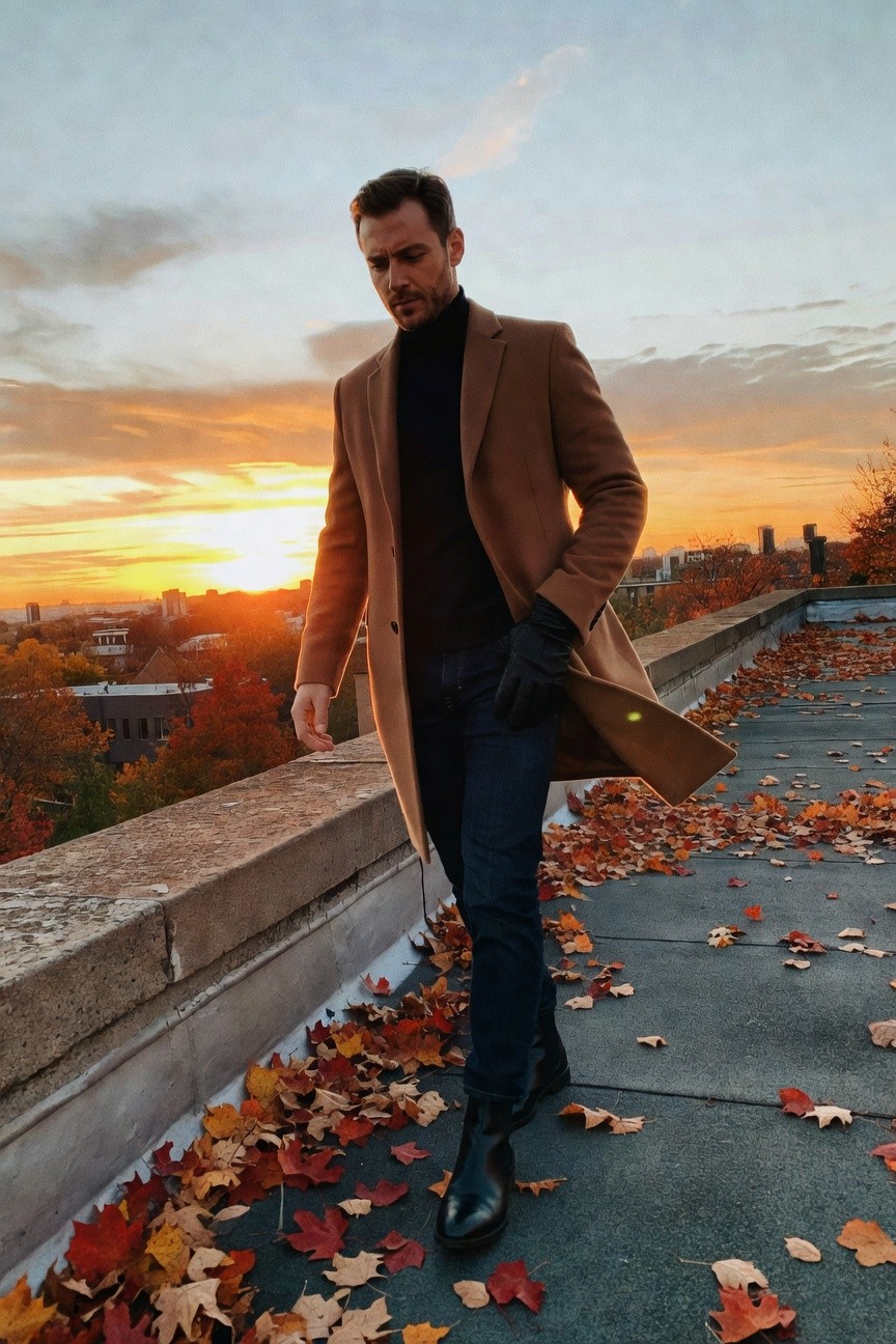 Man wearing long camel wool overcoat over black turtleneck, dark slim jeans, black leather gloves, and black leather ankle boots, standing on rooftop with scattered leaves