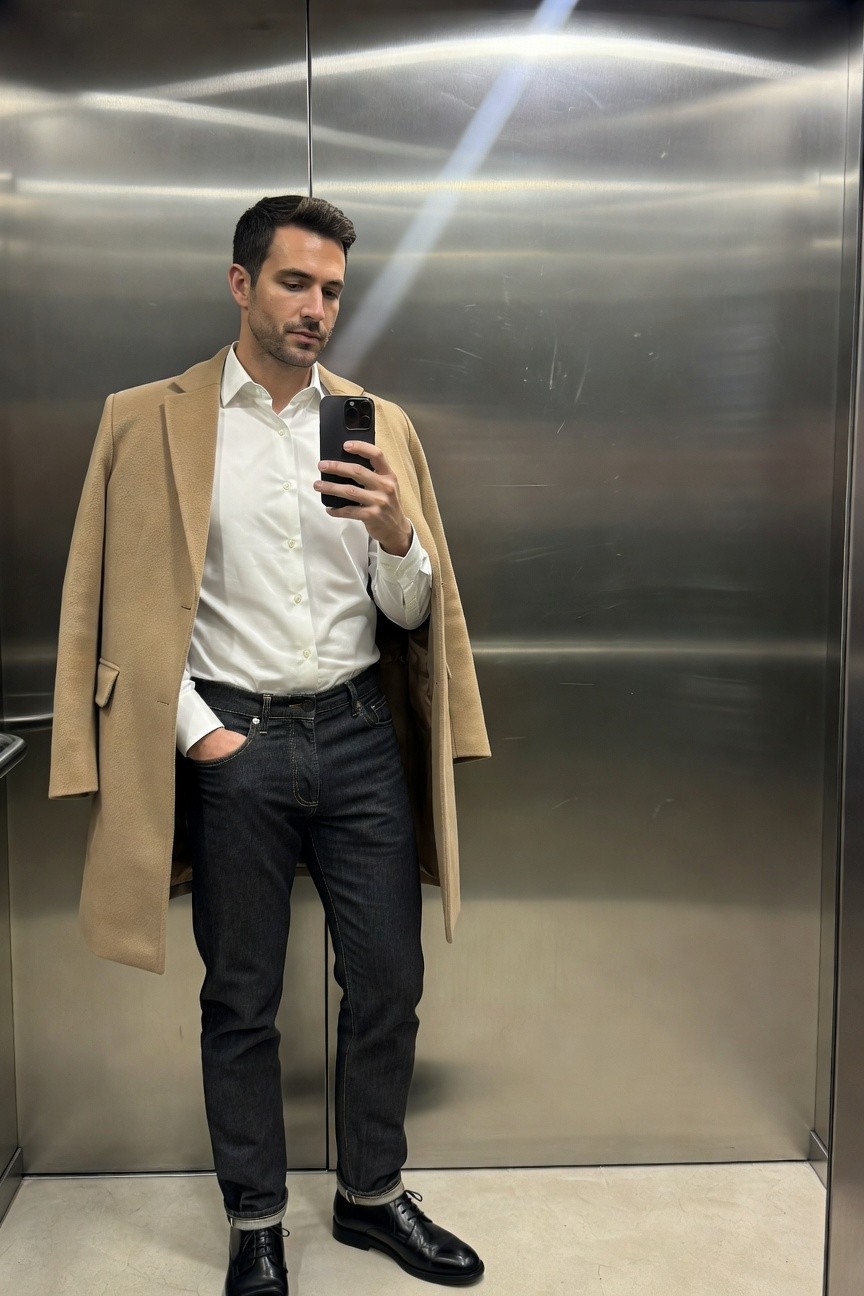 Man in elevator mirror selfie wearing open long camel wool overcoat, white button-up shirt with top buttons undone, slim dark blue jeans cuffed at ankles, black leather oxfords, one hand in pocket holding phone.