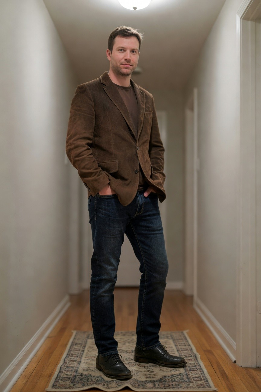 Man in brown corduroy blazer over dark t-shirt, slim dark jeans, and black oxford shoes, standing casually in a hallway with hands in pockets