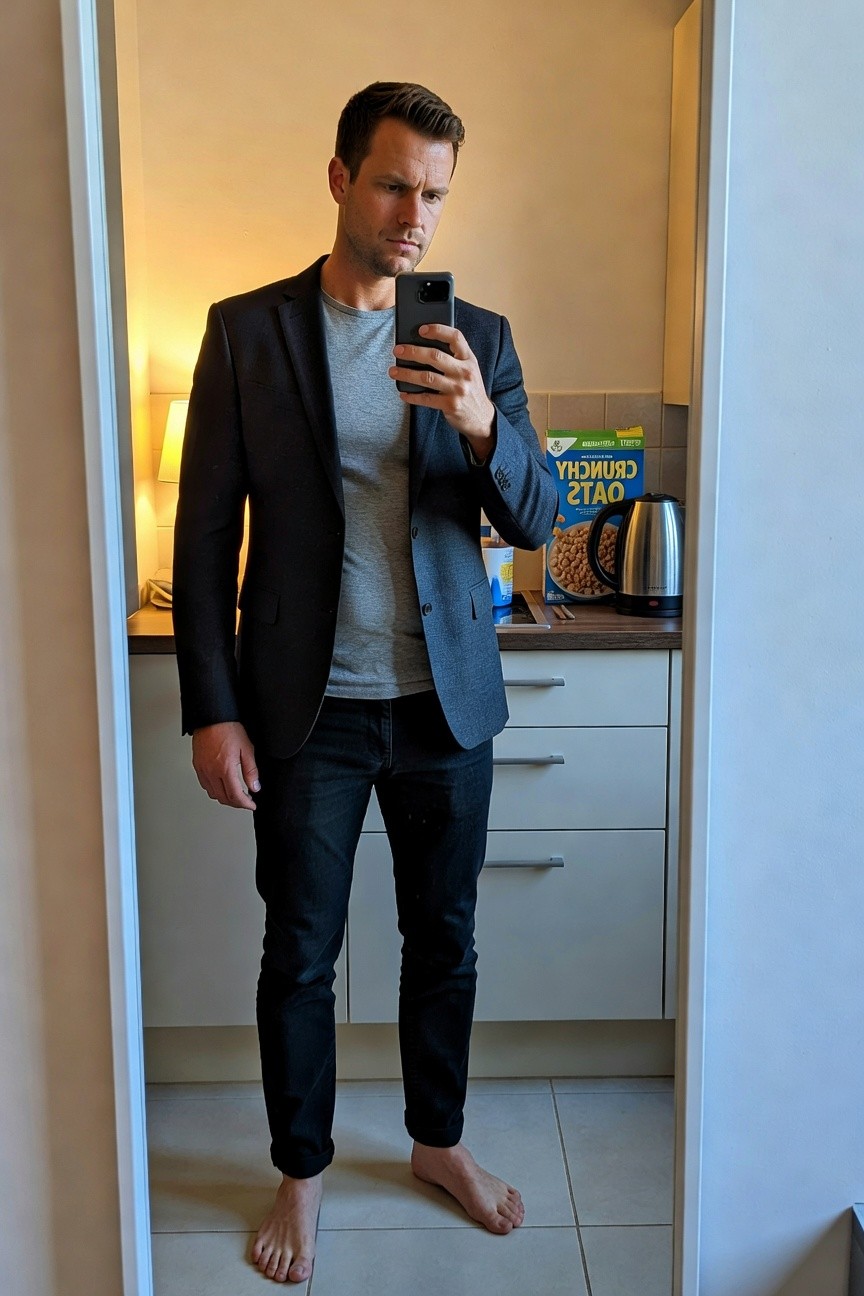 Mirror selfie of a man in slim dark jeans, navy blazer over gray t-shirt, standing barefoot in a modern kitchen with countertop visible behind