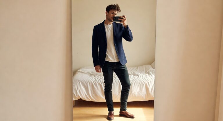 Mirror selfie of man in navy blue unstructured blazer over white t-shirt tucked into slim dark wash jeans and brown leather penny loafers standing in bedroom